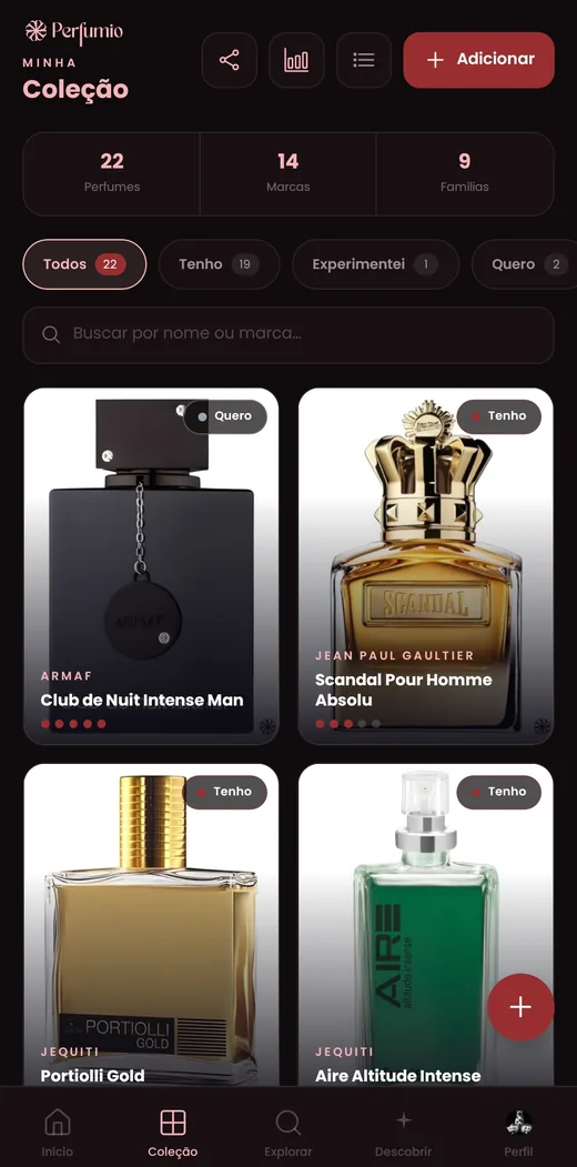Tela Coleção do app Perfumio, com perfumes e estatísticas