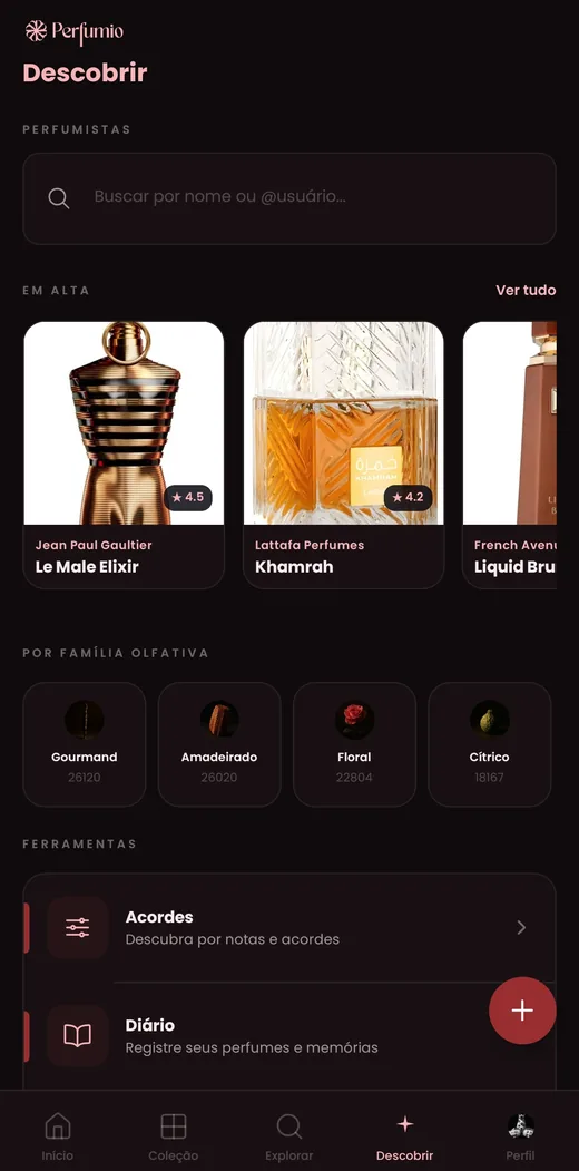 Tela Descobrir do app Perfumio, com famílias olfativas e ferramentas