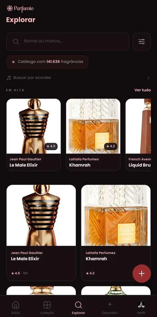 Tela Explorar do app Perfumio, com o catálogo de fragrâncias